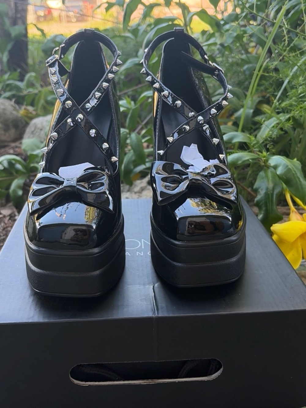 Patent Platform Mary Jane Heels with Studded Cross Straps - Black